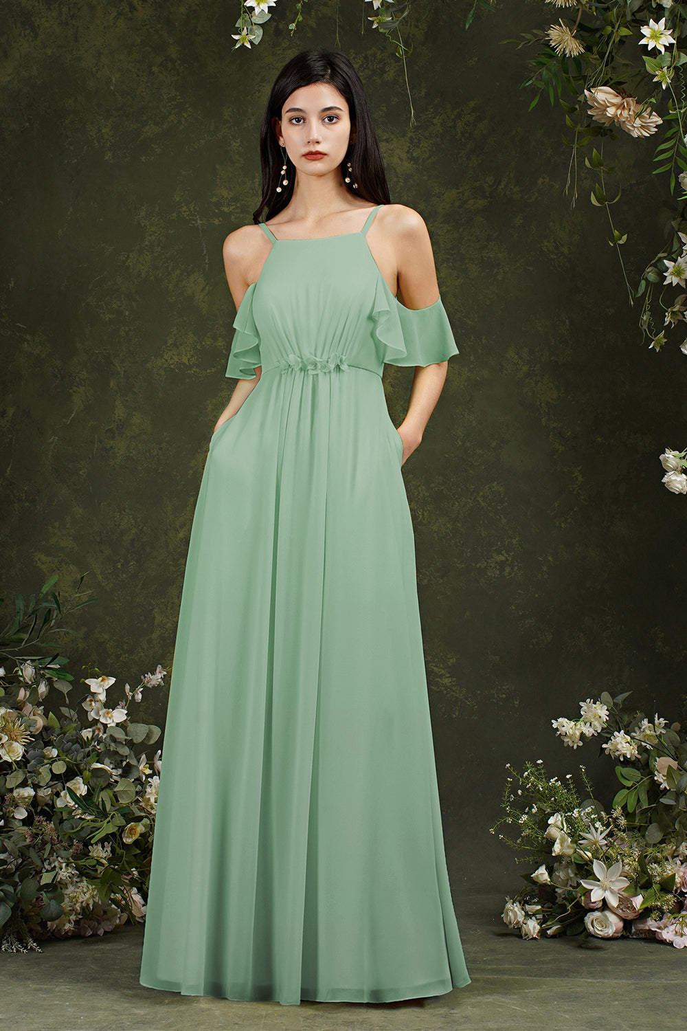 A-Line Spaghetti Straps Off-the-shoulder Ruffles Chiffon Bridesmaid Dress With Pockets-misshow.com