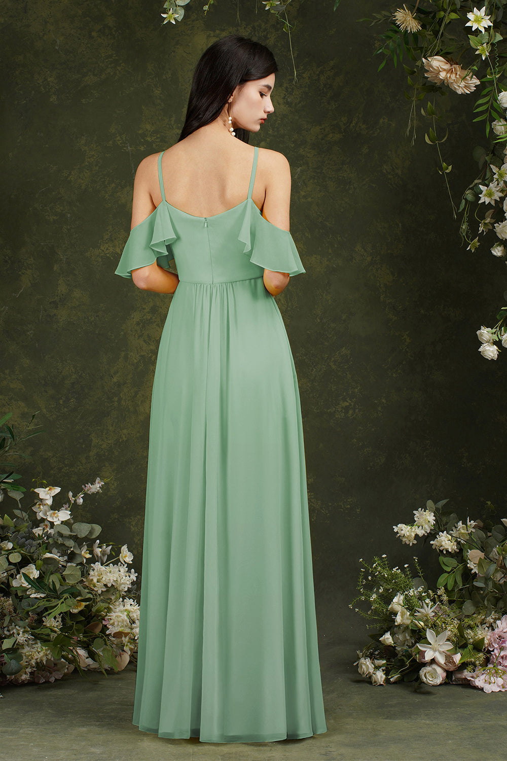 A-Line Spaghetti Straps Off-the-shoulder Ruffles Chiffon Bridesmaid Dress With Pockets-misshow.com