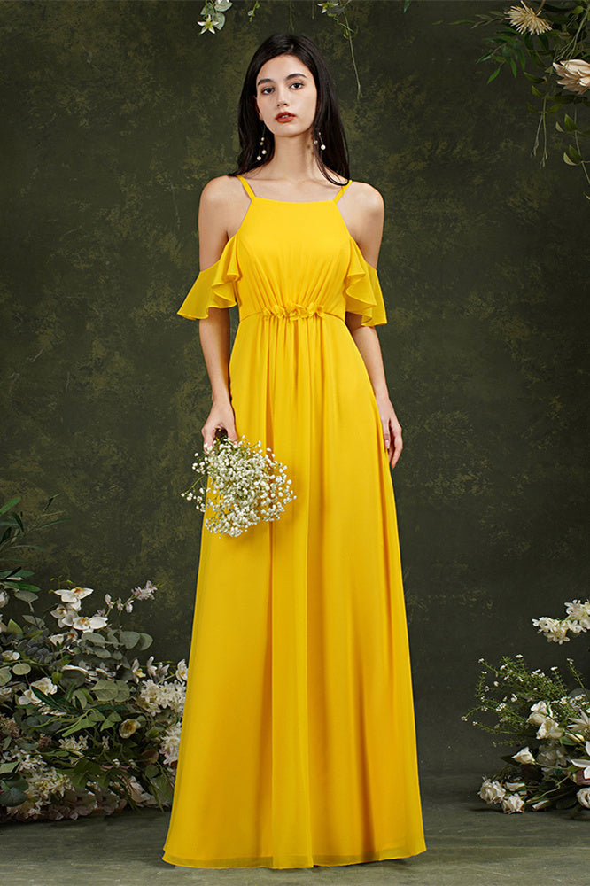 A-Line Spaghetti Straps Off-the-shoulder Ruffles Chiffon Bridesmaid Dress With Pockets-misshow.com