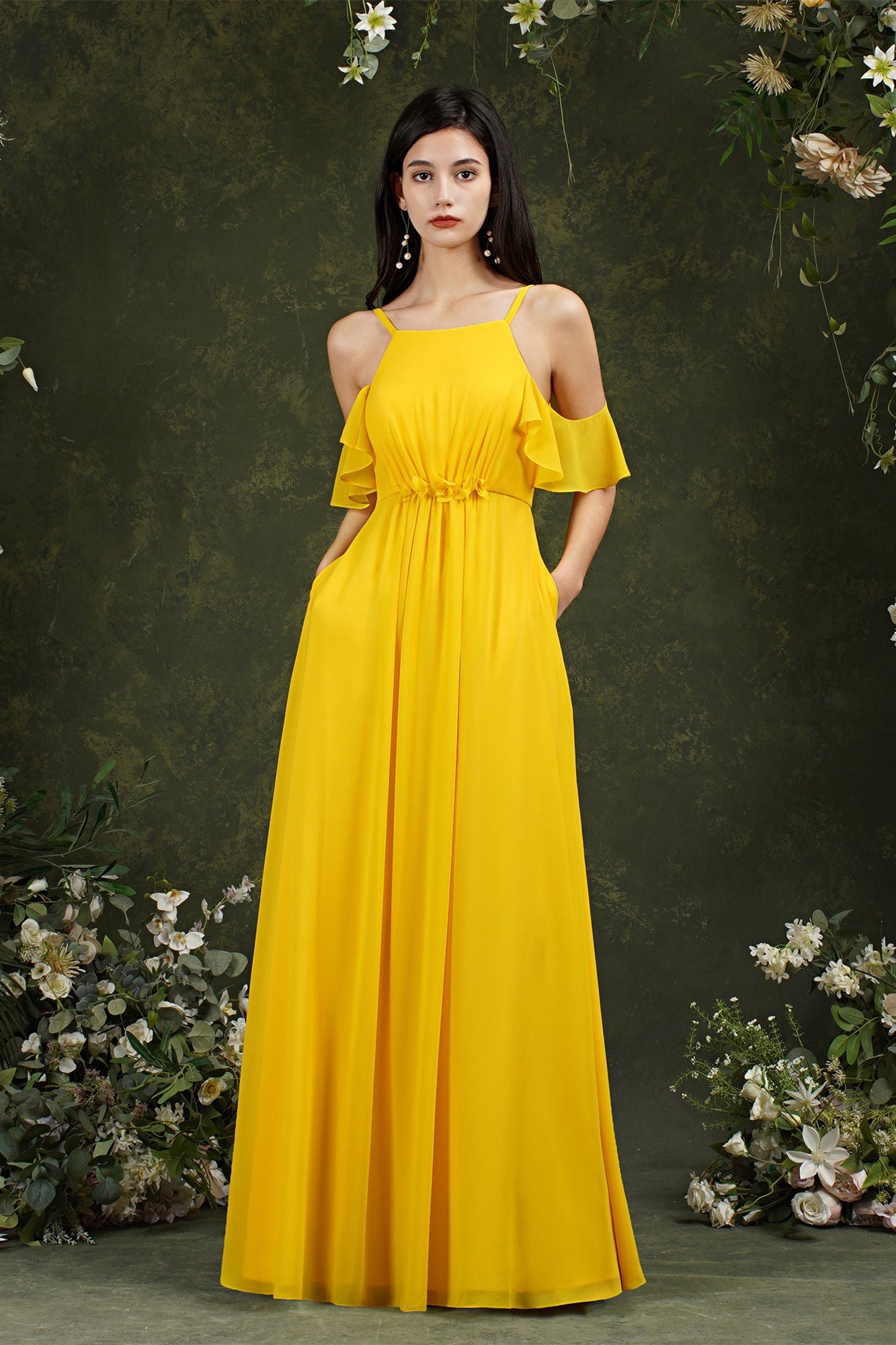 A-Line Spaghetti Straps Off-the-shoulder Ruffles Chiffon Bridesmaid Dress With Pockets-misshow.com