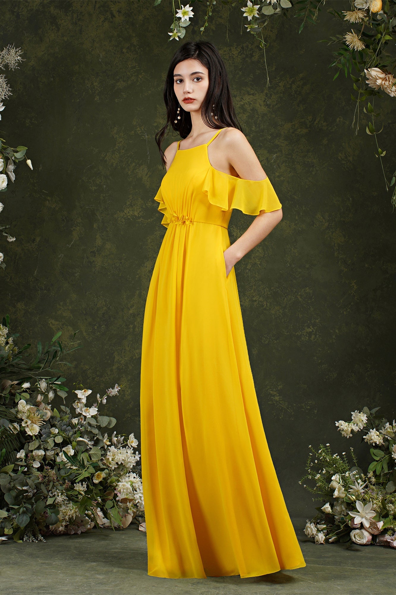 A-Line Spaghetti Straps Off-the-shoulder Ruffles Chiffon Bridesmaid Dress With Pockets-misshow.com
