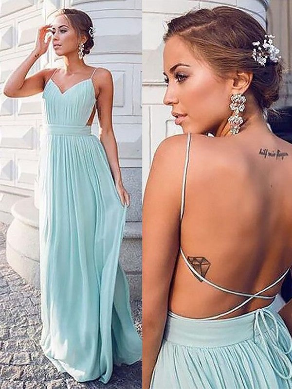 A-Line Spaghetti Straps Sleeveless Floor-Length With Ruched Chiffon Prom Dresses