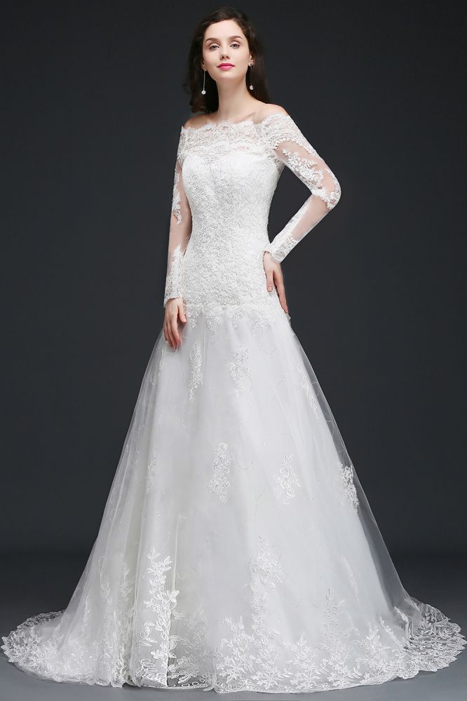 This elegant Bateau Tulle wedding dress with Lace could be custom made in plus size for curvy women. Plus size Long Sleeves A-line bridal gowns are classic yet cheap.