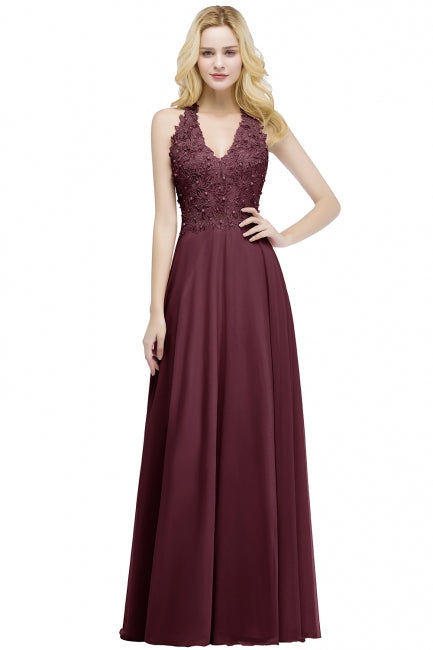 A-line V-neck Appliques Chiffon Evening Maxi Dresses Sleeveless Bridesmaid Dress-misshow.com