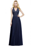 A-line V-neck Appliques Chiffon Evening Maxi Dresses Sleeveless Bridesmaid Dress-misshow.com