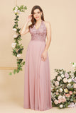 A-line V-neck Appliques Chiffon Evening Maxi Dresses Sleeveless Bridesmaid Dress-misshow.com