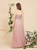 A-line V-neck Appliques Chiffon Evening Maxi Dresses Sleeveless Bridesmaid Dress-misshow.com