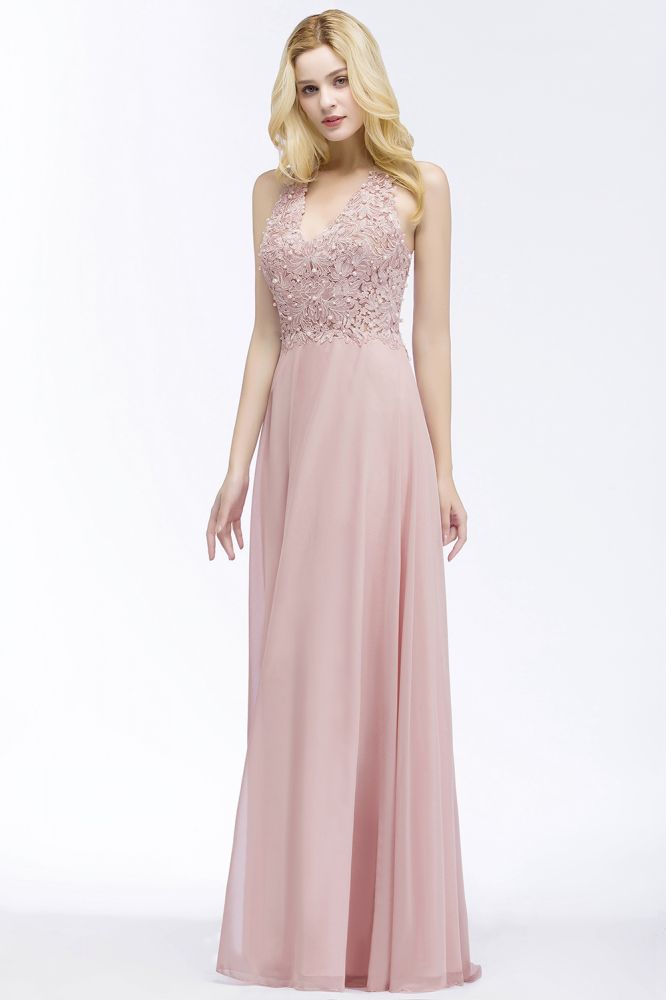 MISSHOW offers A-line V-neck Appliques Chiffon Evening Maxi Dresses Sleeveless Bridesmaid Dress at a good price from Blushing Pink,Dusty Rose,Burgundy,Dark Navy,Silver,Dark Green,30D Chiffon to A-line Floor-length them. Stunning yet affordable Sleeveless Bridesmaid Dresses.