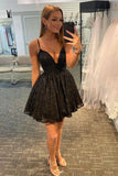 A-line V-neck Black Spaghetti Straps Sleeveless Homecoming Dresses