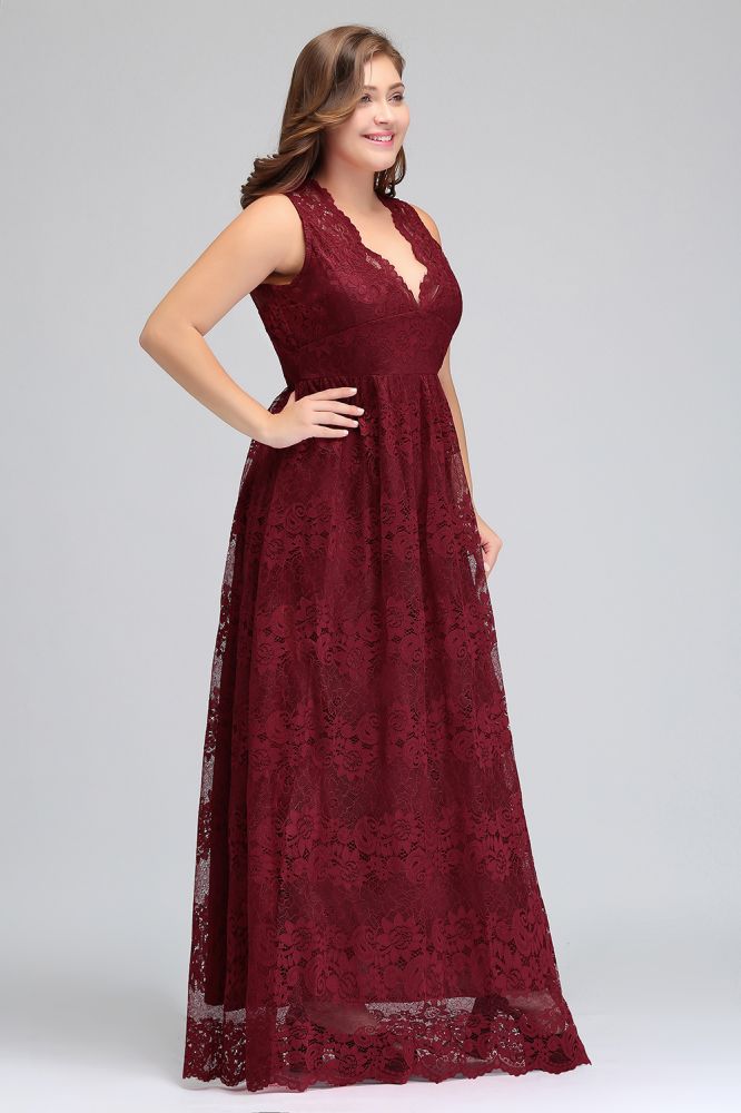 MISSHOW offers gorgeous Burgundy V-neck party dresses with delicately handmade Lace in size 0-26W. Shop Floor-length prom dresses at affordable prices.