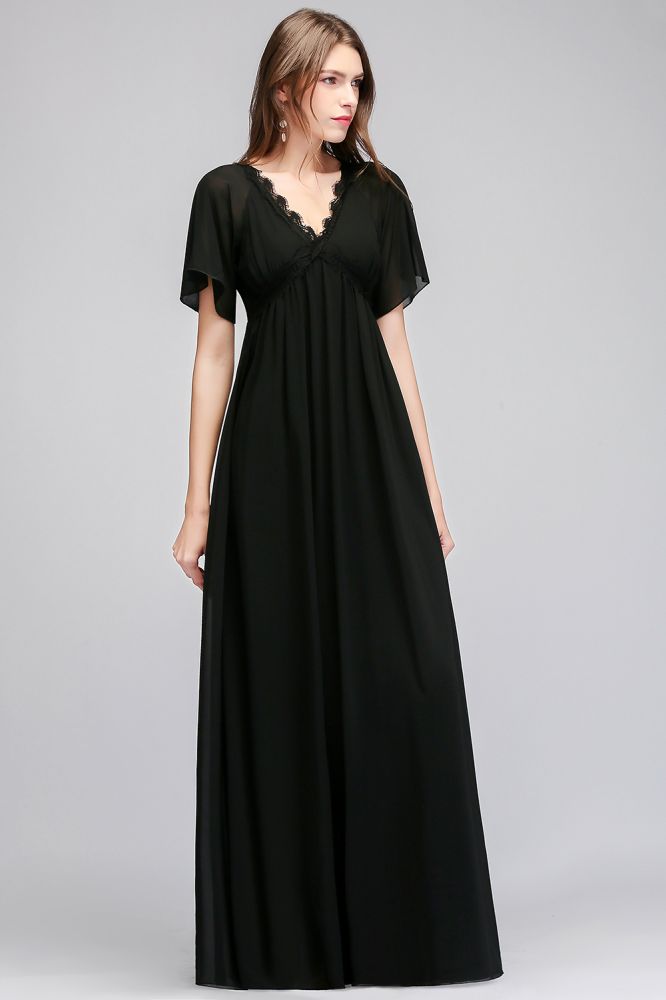 A-line V-neck Short Sleeves Long Black Chiffon Bridesmaid Dress | MISSHOW misshow.com A-line V-neck Short Sleeves Long Black Chiffon Bridesmaid Dress | MISSHOW misshow.com