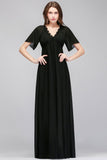A-line V-neck Short Sleeves Long Black Chiffon Bridesmaid Dress