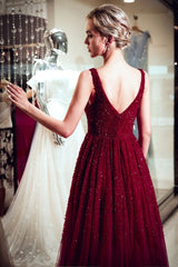 Looking for Prom Dresses,Evening Dresses in Tulle, A-line style, and Gorgeous Sequined work  MISSHOW has all covered on this elegant A-line V-neck Sleeveless Burgundy Sequins Tulle Evening Dress