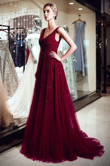 Looking for Prom Dresses,Evening Dresses in Tulle, A-line style, and Gorgeous Sequined work  MISSHOW has all covered on this elegant A-line V-neck Sleeveless Burgundy Sequins Tulle Evening Dress