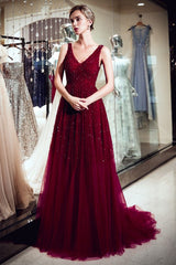 Looking for Prom Dresses,Evening Dresses in Tulle, A-line style, and Gorgeous Sequined work  MISSHOW has all covered on this elegant A-line V-neck Sleeveless Burgundy Sequins Tulle Evening Dress