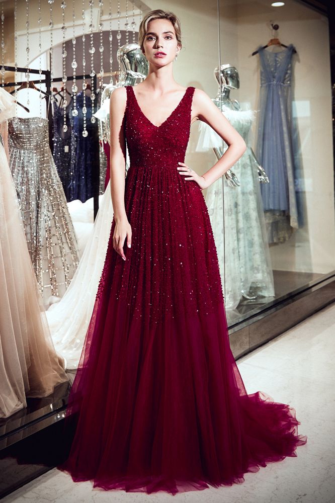 Looking for Prom Dresses,Evening Dresses in Tulle, A-line style, and Gorgeous Sequined work  MISSHOW has all covered on this elegant A-line V-neck Sleeveless Burgundy Sequins Tulle Evening Dress