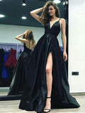 A-Line V-neck Sleeveless Floor-Length With Ruffles Satin Prom Dresses