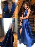 A-Line V-neck Sleeveless With Ruffles Satin Prom Dresses