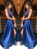 A-Line V-neck Sleeveless With Ruffles Satin Prom Dresses