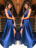 A-Line V-neck Sleeveless With Ruffles Satin Prom Dresses