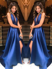 A-Line V-neck Sleeveless With Ruffles Satin Prom Dresses