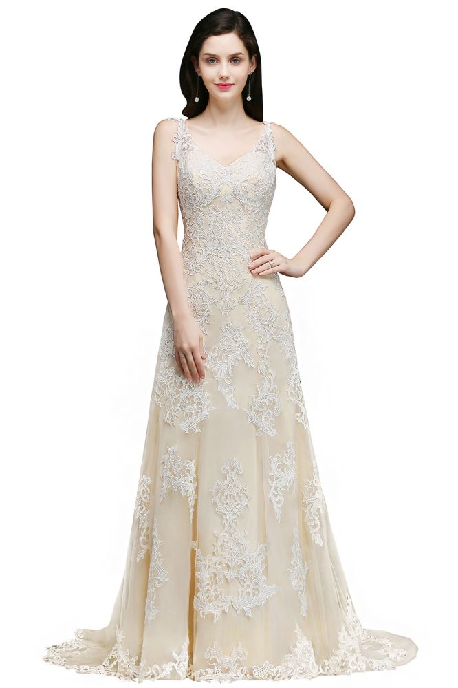 MISSHOW offers gorgeous Ivory V-neck party dresses with delicately handmade Appliques in size 0-26W. Shop Floor-length prom dresses at affordable prices.