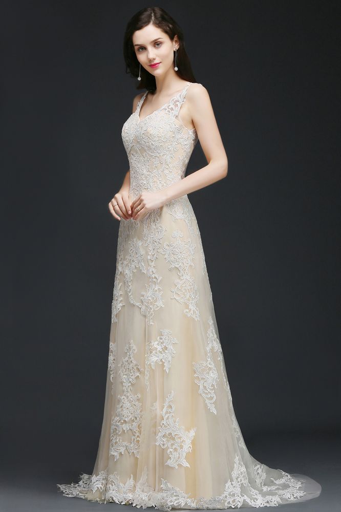 MISSHOW offers gorgeous Ivory V-neck party dresses with delicately handmade Appliques in size 0-26W. Shop Floor-length prom dresses at affordable prices.