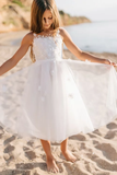 A-line White Sleeveless Straps Flower Girls Dress With Lace-misshow.com