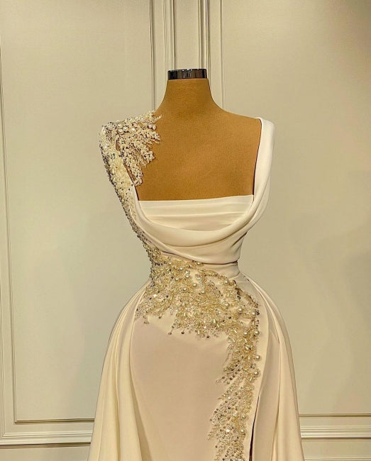 A-Line Wide Straps Square Neckline Beading Prom Dress With Side Slit-misshow.com