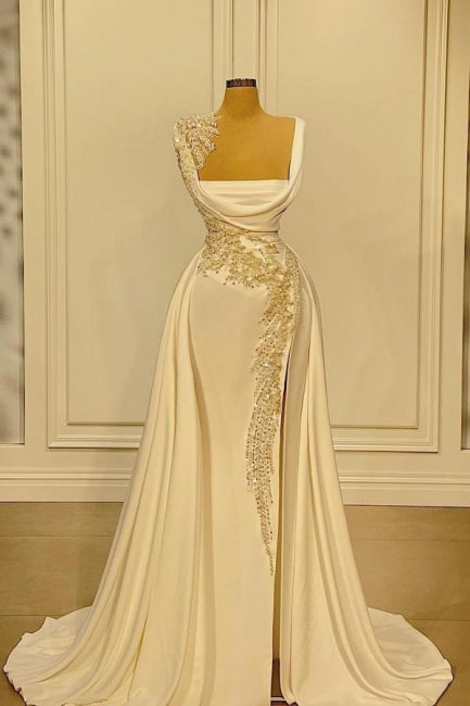 A-Line Wide Straps Square Neckline Beading Prom Dress With Side Slit-misshow.com