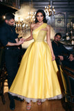 A-line Yellow One Shoulder Sequined Prom Dress With Ruffles-misshow.com