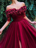 A-Line/Elegant 1/2 Sleeves Off-the-Shoulder Ruffles Tulle Prom Dresses