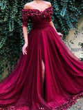 A-Line/Elegant 1/2 Sleeves Off-the-Shoulder Ruffles Tulle Prom Dresses