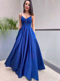 A-Line/Elegant Applique Spaghetti Straps Satin Sleeveless Floor-Length Prom Dresses