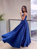 A-Line/Elegant Applique Spaghetti Straps Satin Sleeveless Floor-Length Prom Dresses