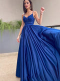 A-Line/Elegant Applique Spaghetti Straps Satin Sleeveless Floor-Length Prom Dresses