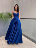 A-Line/Elegant Applique Spaghetti Straps Satin Sleeveless Floor-Length Prom Dresses