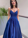 A-Line/Elegant Applique Spaghetti Straps Satin Sleeveless Floor-Length Prom Dresses