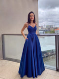 A-Line/Elegant Applique Spaghetti Straps Satin Sleeveless Floor-Length Prom Dresses