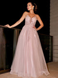 A-Line/Elegant Applique Spaghetti Straps Sleeveless Tulle Floor-Length Prom Dresses