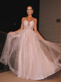 A-Line/Elegant Applique Spaghetti Straps Sleeveless Tulle Floor-Length Prom Dresses