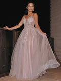 A-Line/Elegant Applique Spaghetti Straps Sleeveless Tulle Floor-Length Prom Dresses