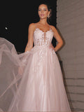 A-Line/Elegant Applique Spaghetti Straps Sleeveless Tulle Floor-Length Prom Dresses