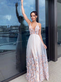 A-Line/Elegant Applique Tulle V-neck Sleeveless Floor-Length Prom Dresses