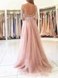 A-Line/Elegant Bateau 3/4 Sleeves Applique Tulle Prom Dresses