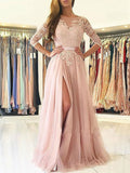 A-Line/Elegant Bateau 3/4 Sleeves Applique Tulle Prom Dresses