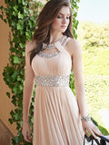 A-Line/Elegant Bateau Beading Sleeveless Chiffon Floor-Length Prom Dresses