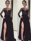 A-Line/Elegant Bateau Long Sleeves Lace Floor-Length Chiffon Prom Dresses