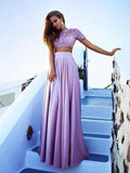 A-Line/Elegant Bateau Short Sleeves Satin Floor-Length Lace Two Piece Prom Dresses