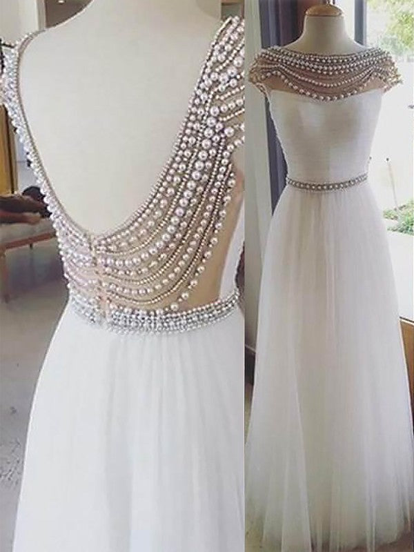 A-Line/Elegant Bateau Sleeveless Floor-Length Beading Tulle Prom Dresses